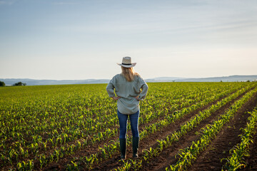Satisfied farmer is looking to corn field at her organic farm - Powered by Adobe
