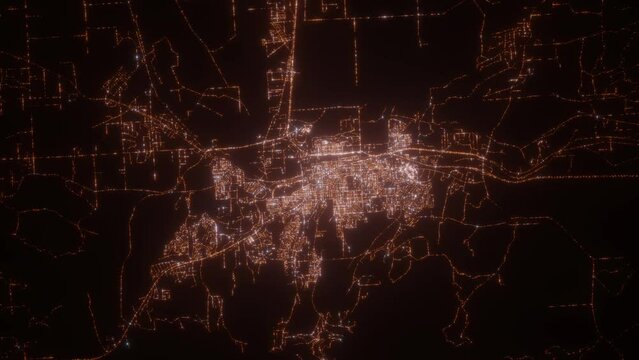 Casper (Wyoming, USA) aerial view at night. Top view on modern city with glow effect. Camera is zooming out, rotating counterclockwise