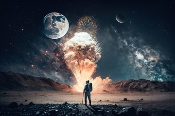 Brilliant Fireworks Illuminating the Night Sky Around the Moon with an Astronaut in the Foreground