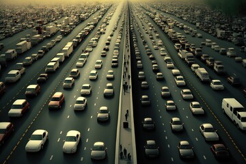 A congested highway at sunset. Smog, Pollution. 