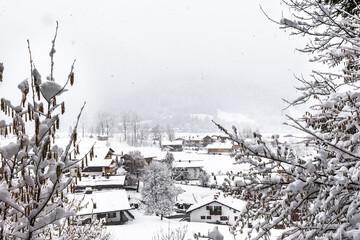 View through snow-covered branches to a snowy village in the mountains on a cloudy winter day