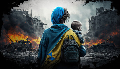 Ukrainian mother with a baby and a flag on the background of a burning city. Generative AI.