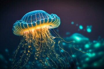 A vibrant glowing jellyfish in the deep ocean. Sharp and detailed portrait of jellyfish. Generative AI