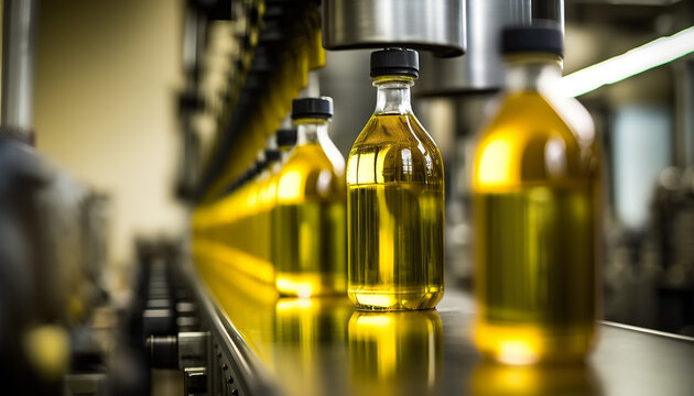 Factory for the production of edible oils a shallow depth of field. Selective focus. Created with Generative AI technology	
