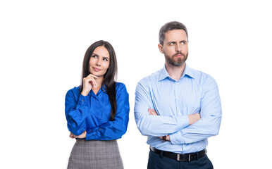 pondering business couple on background. photo of business couple colleagues.