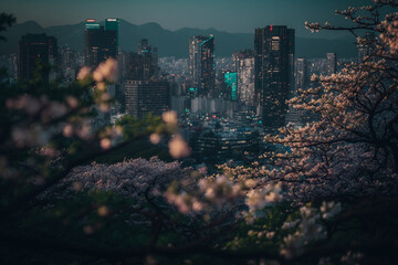 Tokyo city at night in Spring season - obrazy, fototapety, plakaty