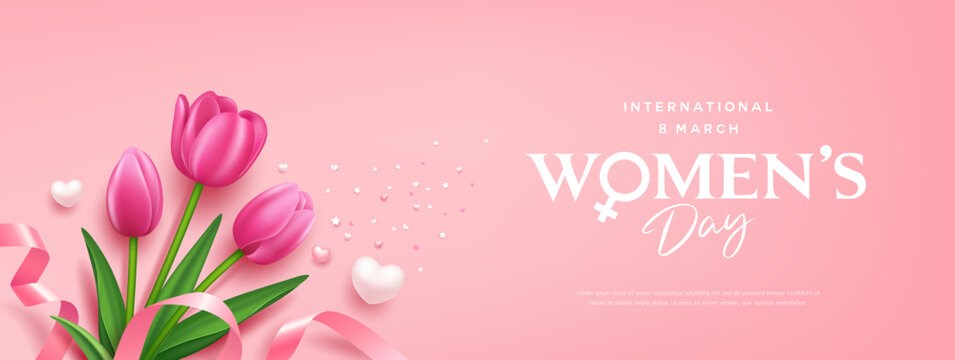 Happy women's day Tulips flowers and heart, pink ribbon, banner design on pink background, EPS10 Vector illustration.
