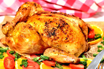 Grilled chicken on oranges and tomatoes. Silver cutlery on baking paper and a red and white checkered kitchen towel in the background. Close-up detail.