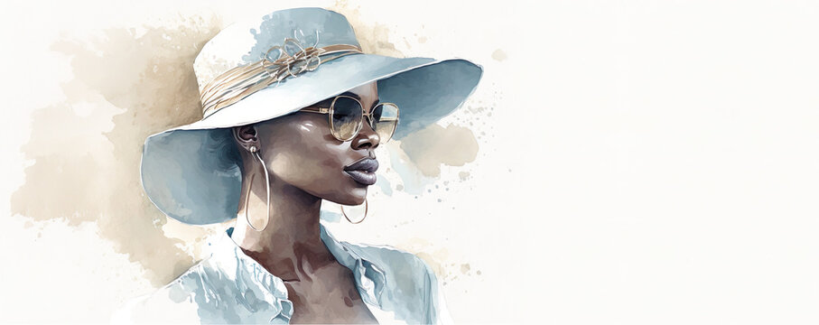 Fashion Portrait. Black Woman Wearing A Sunhat And Sunglasses, Watercolor Illustration. Generative AI