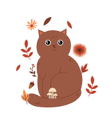 Playful cat with autumn foliage. Adorable brown kitten sitting with leaves, red flower and berries. Sticker for social networks and messengers. Mammal and pet. Cartoon flat vector illustration