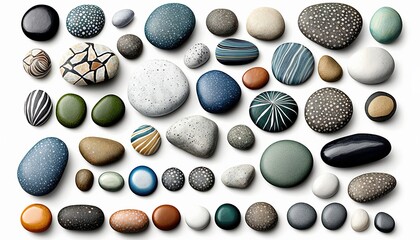 Fototapeta na wymiar Collection set of different zen healthy harmony nature colored peebles rocks white background wallpaper created with generative AI technology