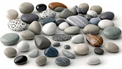 Collection set of different zen healthy harmony nature colored peebles rocks white background wallpaper created with generative AI technology