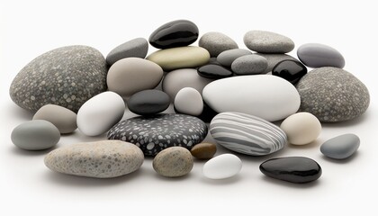 Fototapeta na wymiar pile stack of different zen healthy harmony nature colored peebles rocks white background wallpaper created with generative AI technology