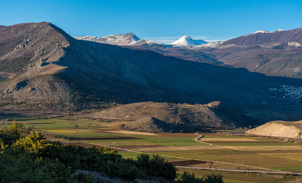 The snowcapped Monte Camicia as seen from Capestrano. Abruzzo, Italy.