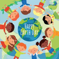 Obraz na płótnie Canvas Earth Day greeting. Vector planet Earth surrounded by different children holding hands and the inscription 