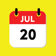 calendar with a date, 20 july icon with yellow background