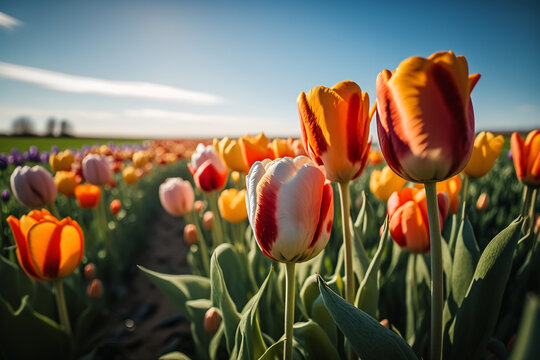 meadow tulips, glade of red orange flowers Generative AI