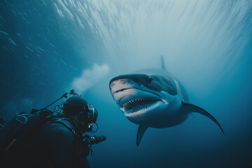 underwater diver photographing a great white shark Generative AI