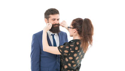 Moustache care business. Sexy girl twirl hipster moustache. Serious businessman wear long beard and moustache. Bearded man with stylish moustache hair. Barbershop. Barbers. Hair salon