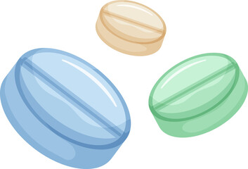 blue-green painkillers and anti-inflammatory tablets.concepts medical supplies. First aid kit, pharmacy drugs. Medical tools vector illustration set. Medical aid healthcare.