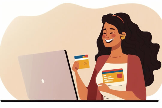 Happy young woman consumer holding credit card and laptop shopping online at home. Female shopper shopping on e-commerce website marketplace with online payment.AI generated vector illustration.