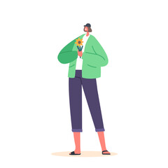 Young Girl With Flower In Hands, Female Character In Youthful Clothes Holding Blossom. Date, Romance, Love Concept