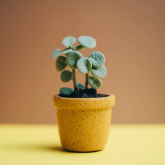 Mini Pilea plant in a pot on pastel yellow background created with Generative AI Technology