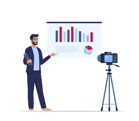Businessman presenting new project on camera. He is showing graphs and pie charts. Coach giving presentation to clients online. Vector illustration.