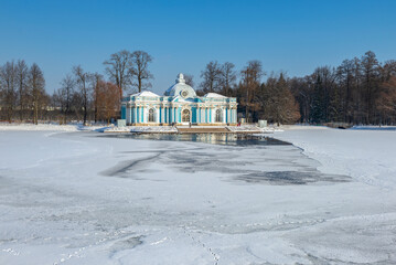 The old Grotto Pavilion on a sunny winter day. Catherine Park of Tsarskoye Selo