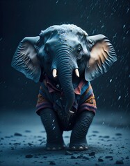 A cute baby elephant wearing a colorful jacket 