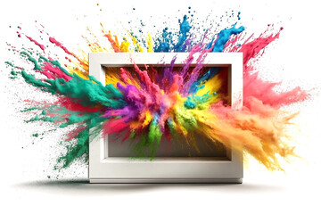 Obraz na płótnie Canvas Product display frame with colorful powder paint explosion on white. Generative AI