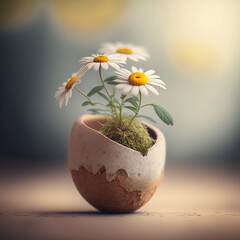 Mini Chamomile plant in a pot on pastel background created with Generative AI Technology