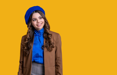photo of stylish caucasian teen girl wear french beret, copy space.