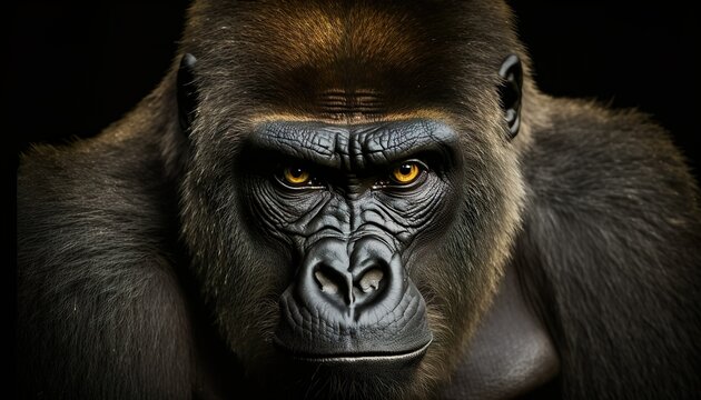 Close-up wild black gorilla face black background wallpaper created with generative AI technology