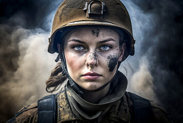 Illustration of strong Ukrainian woman in soldier's uniform on battlefield, generative ai