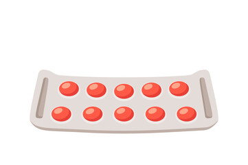 Blister With Tablets For Disease Treatment And Pain Reduce. Pack Of Red Round Tablets. Medicine, Vitamin, Antibiotic