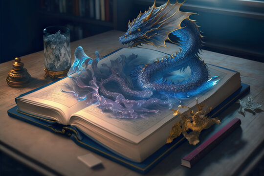 Blue water dragon on the wizard's book (generative AI)
