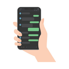 スマホを持つ女性の手とトーク画面 - スマートフォン･メッセージアプリのイメージ - ダークモード
