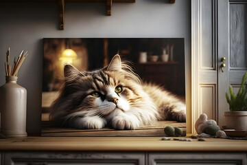 Portrait Cute cat lying on wooden table in living room photography made with Generative AI	
