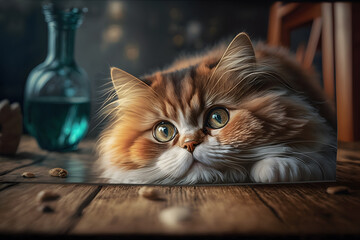 Portrait Cute cat lying on wooden table in living room photography made with Generative AI	
