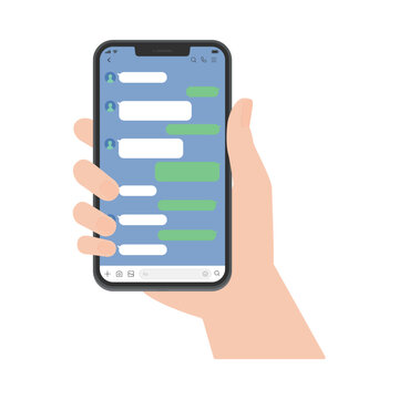 スマホを持つ人の手とトーク画面 - スマートフォン･メッセージアプリのイメージ - 青
