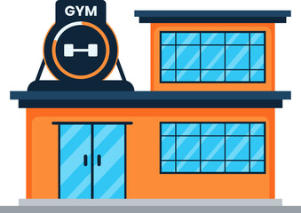 Modern two storey orange building with gym and dumbbell sign.Gym or gymnasium, fitness center architecture building with barbell on top.Modern sport club fitness interior vector.