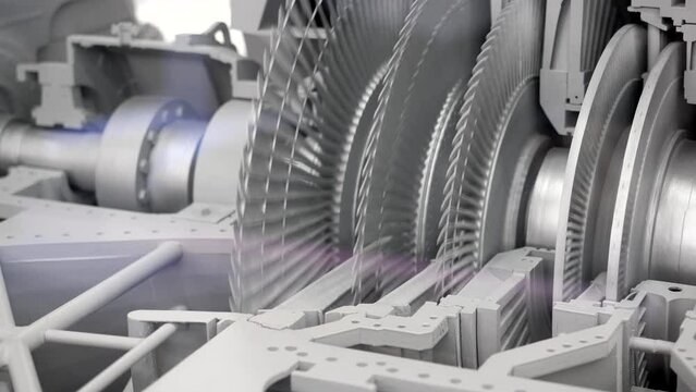 Close up of balancing steam turbine spinning rotor. Media. Industrial background with spinning fast mechanism.