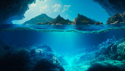 Tropical sea in a section underwater. Created with Generative AI technology.