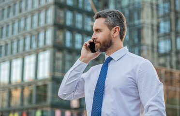 businessman call on smartphone outside, advertisement. photo of businessman call