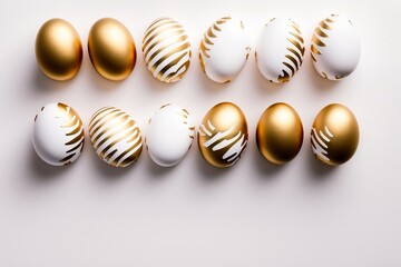 Easter golden decorated eggs stand in a row on white background. Minimal easter concept. Happy Easter card with copy space for text. Top view, flatlay