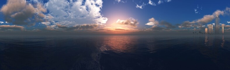 Sea coast panorama with City over the sea sea sunset, 3d rendering