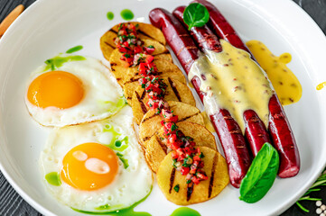 Breakfast with sausages, eggs and potatoes with vegetable salsa and Golan sauce