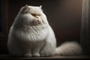 Portrait white fat cat sitting photography made with Generative AI	
