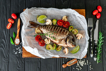 Grilled Dorada fish, sea bream with the addition of spices, herbs and lemon on the grill plate.